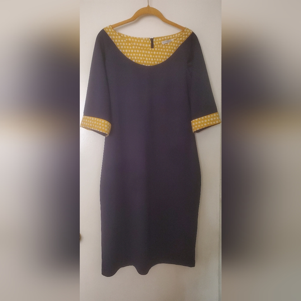 Mikarose Navy Blue with Yellow & White Polkadot Knee Length Vintage Dress.